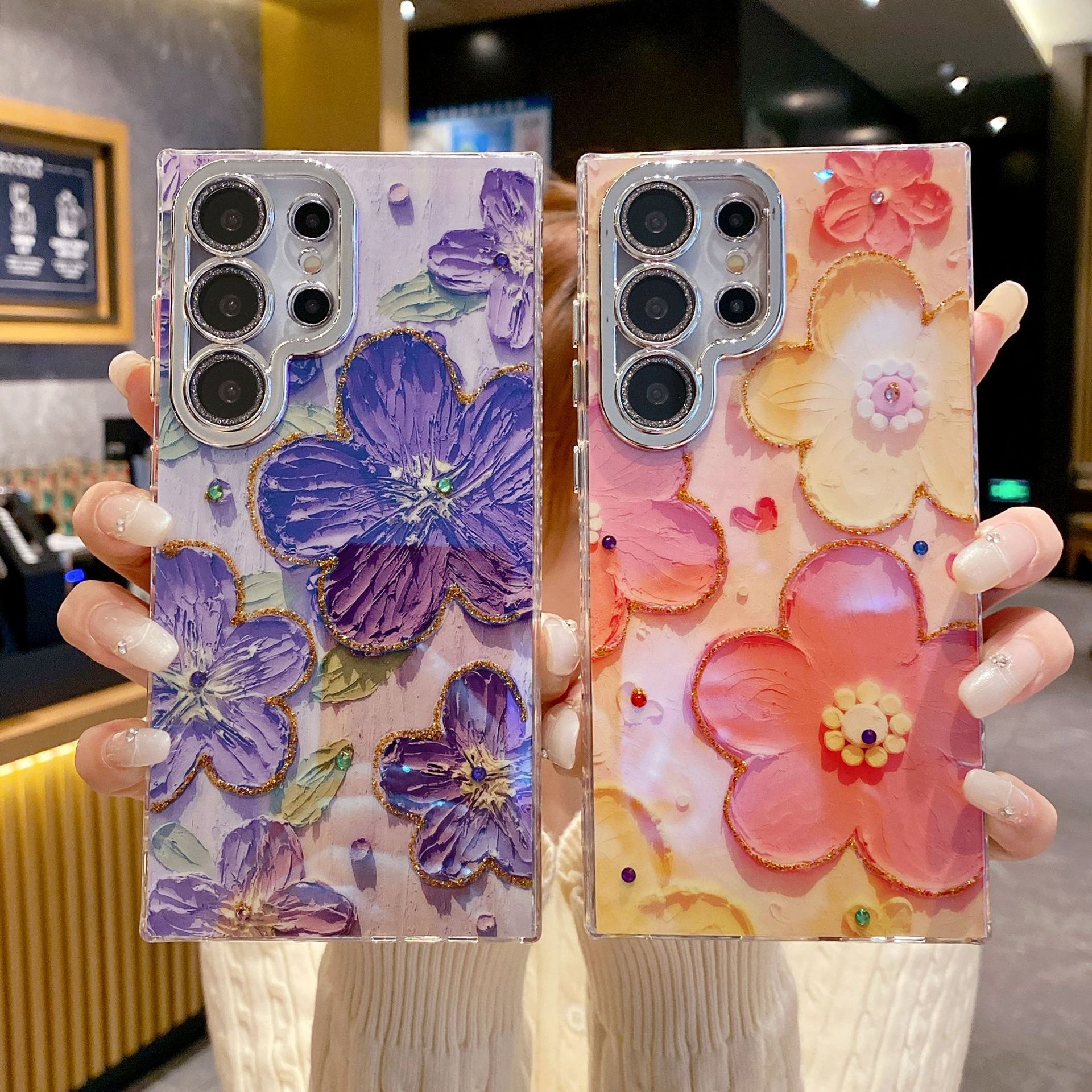 【特典あり！1つ買うともう1つ無料】2025年新作 Samsung ダイヤモンドフラワー スマホケース Samsung 用 光沢レンズ保護付き