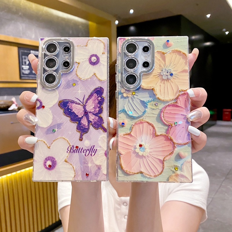 【特典あり！1つ買うともう1つ無料】2025年新作 Samsung ダイヤモンドフラワー スマホケース Samsung 用 光沢レンズ保護付き