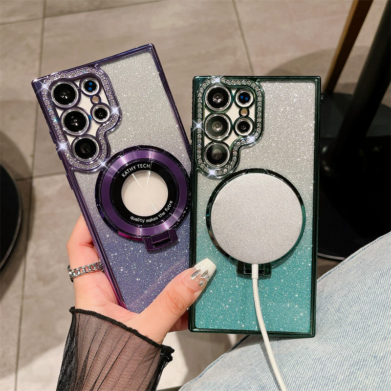 【今日促銷！買一送一！】適用Samsung系列 · 電鍍閃粉水鑽磁吸支架手機殼