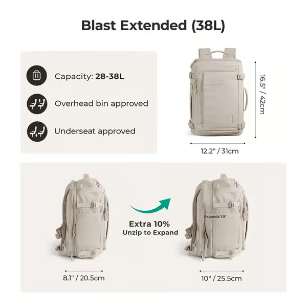 28-38L防水大容量旅行用バックパック航空コンプライアンス搭乗バッグ、独立した靴入れ付き